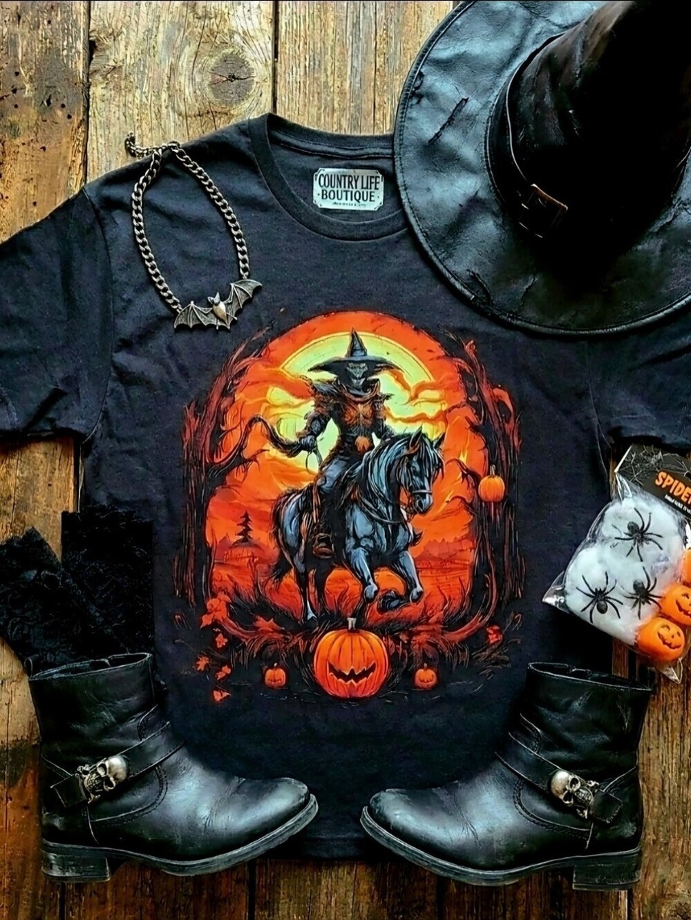 Witch Riding Horse Halloween Tee • Western Cowgirl Witch Shirt • Pumpkin Moon